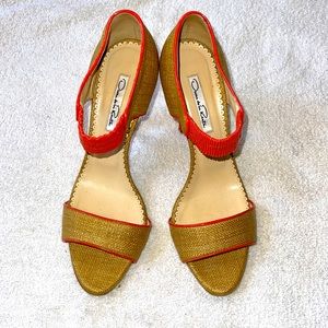 Beautiful Oscar dela Renta Woven Coral Tan Heels
